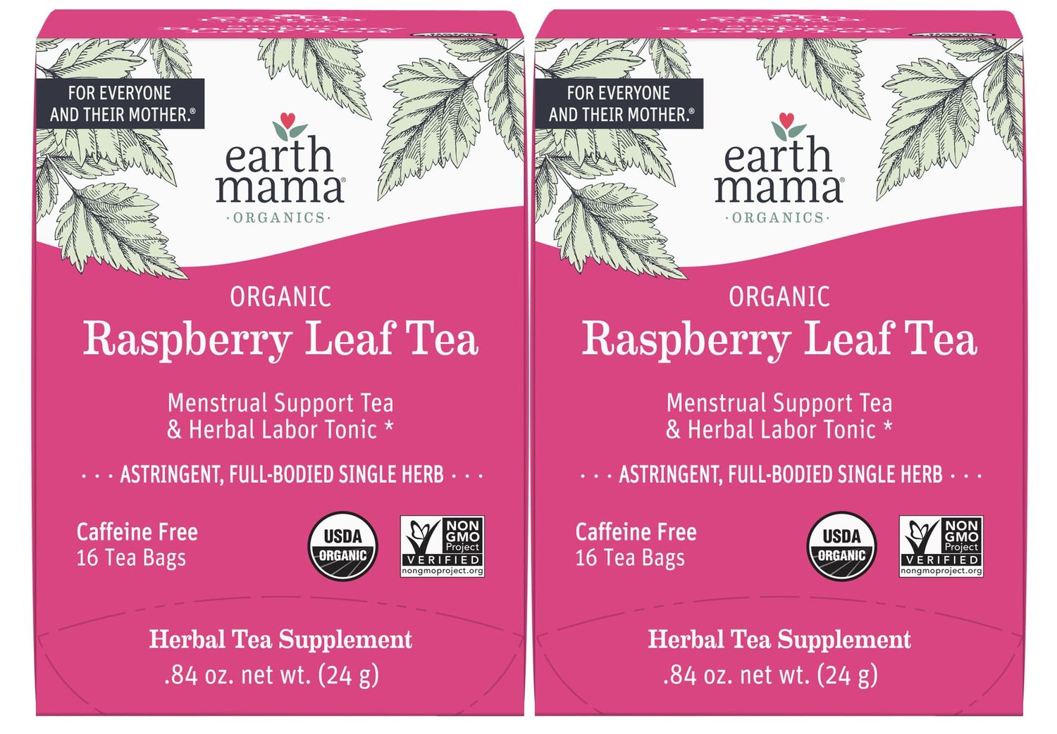 Earth Mama Organic Raspberry Leaf Tea Bags Labor Tonic &amp; Menstrual Support Herbal Tea, Red Raspberry Leaf Tea for Pregnancy &amp; Postpartum Care Recovery, Caffeine Free Tea, Non GMO, (16-Teabags, 2-Pk)