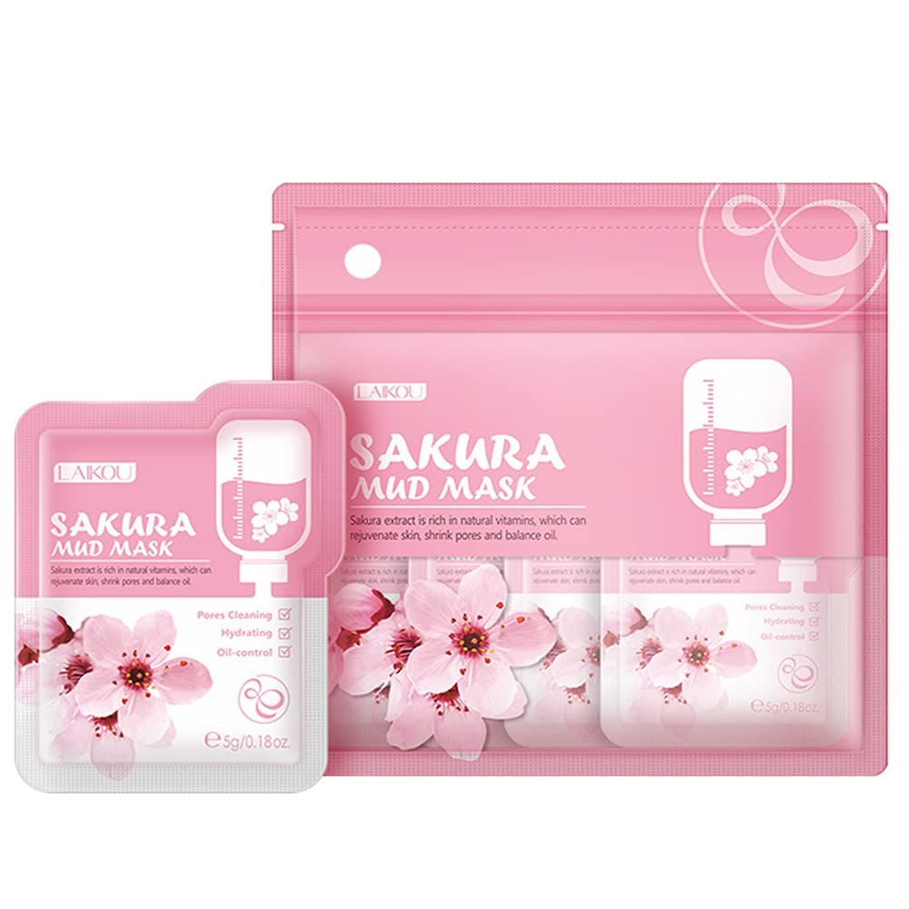 BEUKING 7 Pcs Sakura Face Mud Portable Face Mask Clay Clean Pore Skin Improve Facial Blemishes Moisturizing Oil Control Day &amp; Night Skin Care (Sakura Mud)