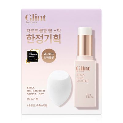 Glint Stick Highlighter Special Set (Milky Moon(Set), 0.24oz Egg-Shaped Makeup Sponge) - Multi-Use Illuminator Stick. Korean Makeup by LG Beauty. Creamy &amp; Blendable Color.