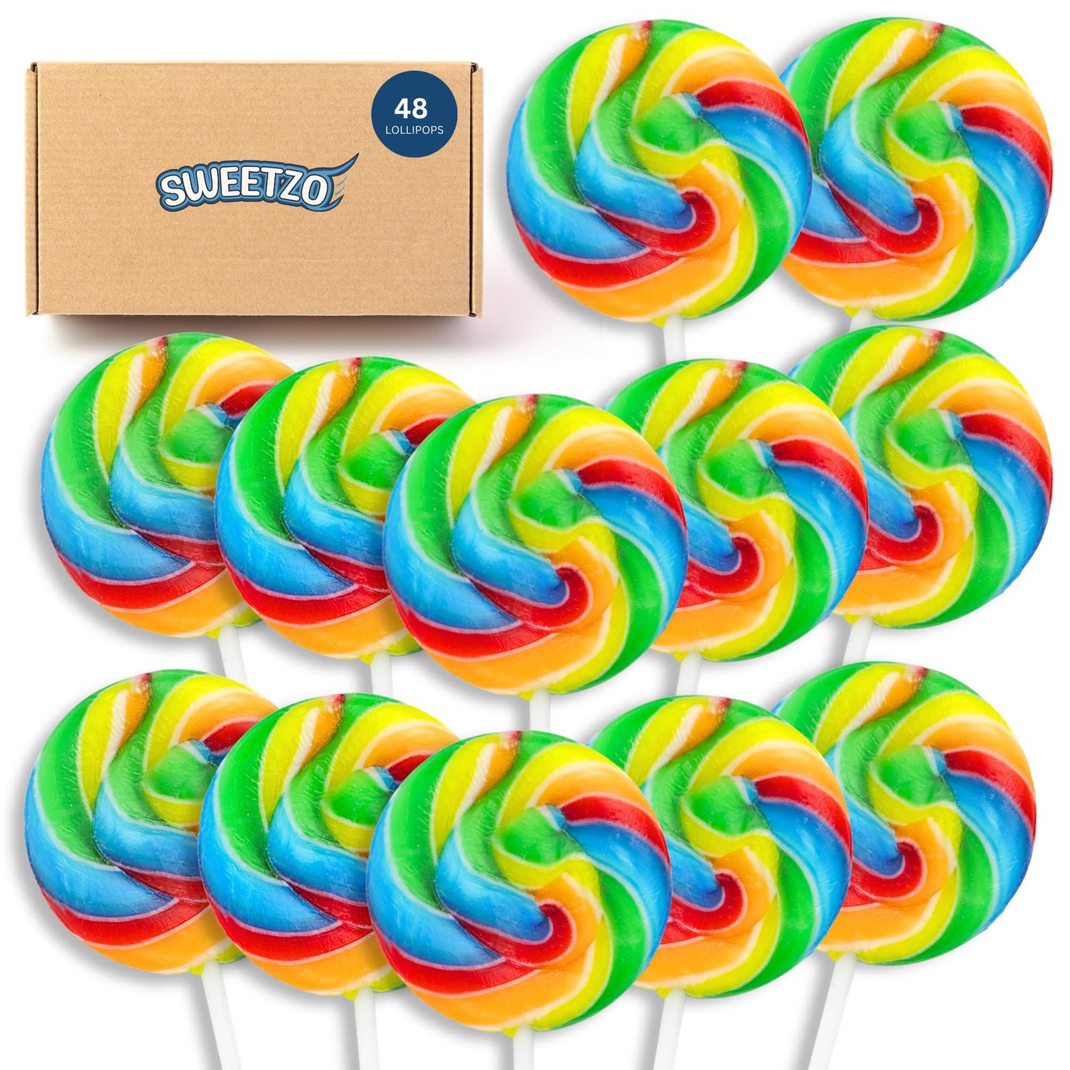 Rainbow Swirl Lollipops, Individually Wrapped Tutti Frutti Flavored Suckers, Bulk for Birthday Party Favors, 48 Pieces