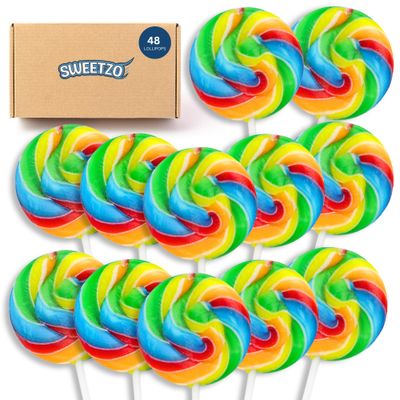 Rainbow Swirl Lollipops, Individually Wrapped Tutti Frutti Flavored Suckers, Bulk for Birthday Party Favors, 48 Pieces