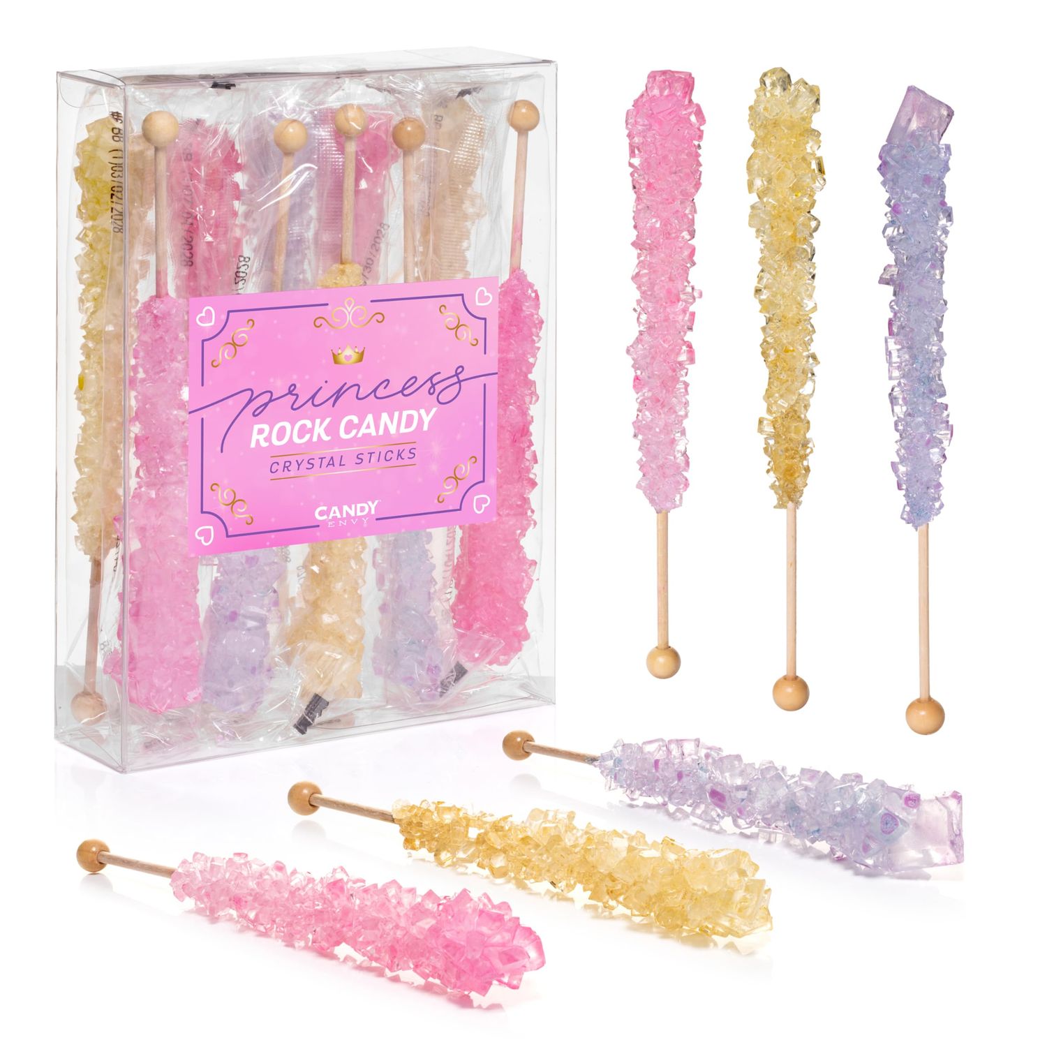 Candy Envy - Princess Rock Candy Sugar Sticks - 10 Indiv. Wrapped - Gold, Lavender, Light Pink