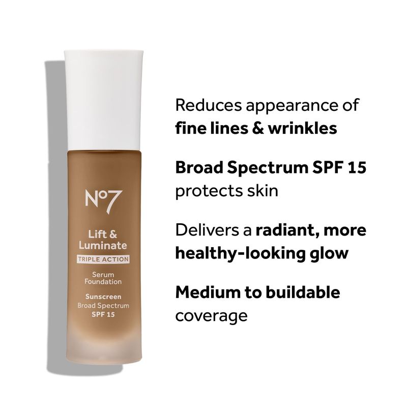 No7 Lift &amp; Luminate Triple Action Serum Foundation - Liquid Makeup with SPF 15 for a Dewy, Glowy Base - Radiant Formula for Mature Skin - Porcelain (30ml)