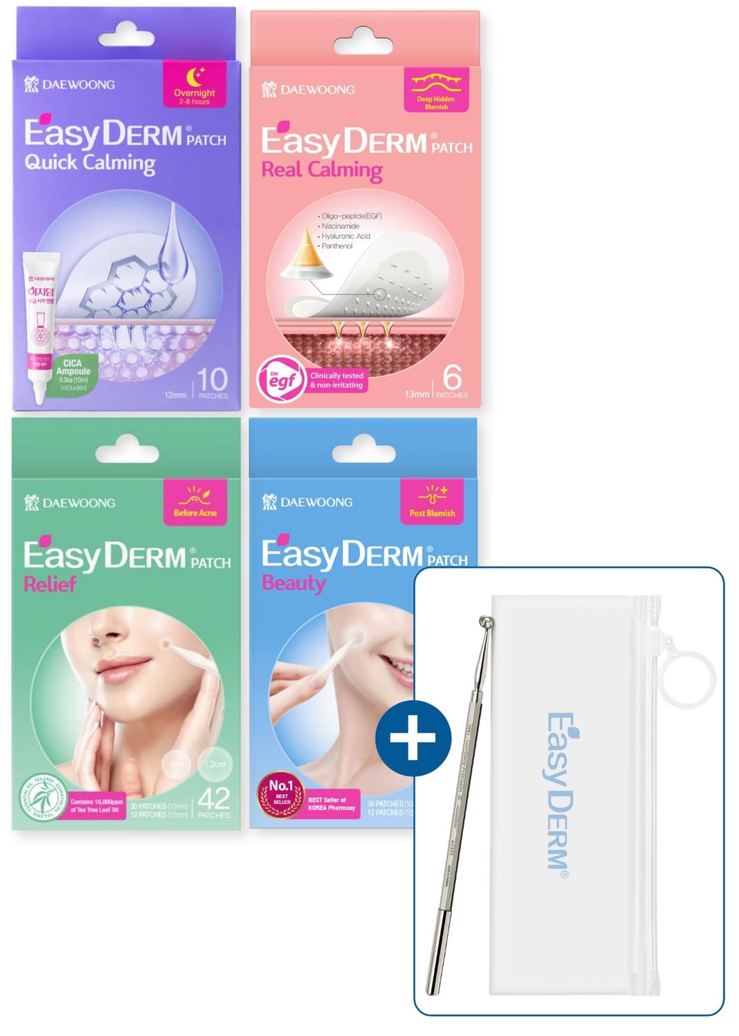 DWEasyDerm EasyDerm Multi-Step Pimple Patch Set - 4-Type Korean Pimple Patches Free 2-in-1 Dual-Tip Extractor for Complete Skincare