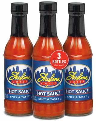 Skyline Chili Hot &amp; Spicy Sauce - Unique Cincinnati Restaurant-Style Secret Recipe with Tabasco, Cayenne, and Jalapeo Peppers, Gourmet Chili Sauce for Coneys &amp; Spaghetti - 3 Bottles, 6 oz Each