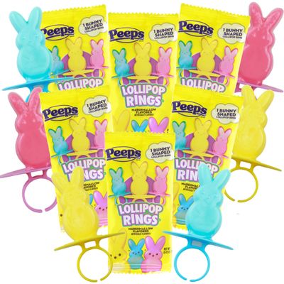 Easter Basket and Egg Hunt Candy, 2025 Peeps Lollipop Rings, Individually Wrapped Marshmallow Flavored Suckers, (6 Pack)