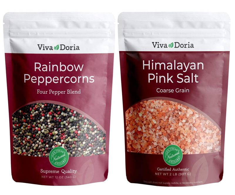 Viva Doria Rainbow Peppercorn Blend (Steam Sterilized Whole Black, White, Green and Pink Peppercorn) 12 oz and Himalayan Pink Salt (Coarse Grain) 2 lbs for Grinder Refills (PepperSalt)