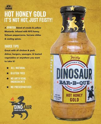NEW Dinosaur Bar-B-Que Hot Honey Gold Barbecue Sauce, Cajun, Creole, Spice Flavor BBQ sauce, Perfect for grilling, meats, briskets, ribs, chicken, poultry, and seafood