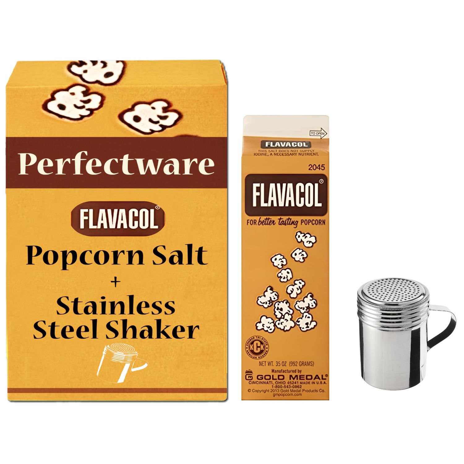 35oz Carton of Flavacol with 10oz Stainless Steel Shaker