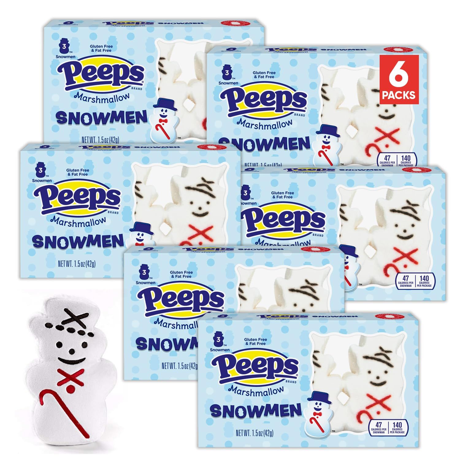 Peeps Marshmallow Snowman 1.5oz 6 packs - Gluten Free &amp; Fat Free - Marshmallow Christmas Candy - Soft and Chewy Holiday Treats