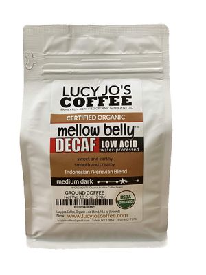 Lucy Jo&#39;s Coffee, Organic Decaf Mellow Belly Low Acid Blend, Medium Dark, 10.5 oz (Ground)