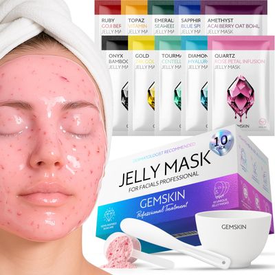 GEMSKIN Jelly Mask for Facials Peel-Off - 10 Set Pack Modeling Rubber Mask Multipack - Hydrating &amp; Calming Jelly Face Mask Powder Variety Spa Kit - Bowl Scoop &amp; Spatula Bundle - Professional Skincare