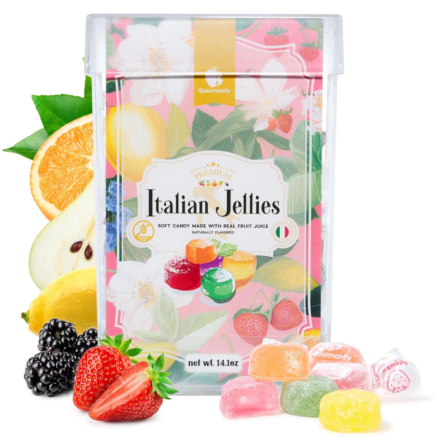Gourmanity Italian Jelly Fruit Candy, Made with 18% Real Fruit Juice &amp; Pulp, Individually Wrapped Gourmet Candy, 14.1oz Box