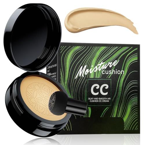 Mushroom Head Air Cushion CC Cream Foundation- Brightening Color Changing Foundation for Older Women, Moisturizing Full Coverage Self Adjusting Concealer Long-Lasting, Natural Finish (Buff Beige)