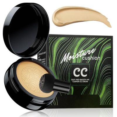 Mushroom Head Air Cushion CC Cream Foundation- Brightening Color Changing Foundation for Older Women, Moisturizing Full Coverage Self Adjusting Concealer Long-Lasting, Natural Finish (Buff Beige)