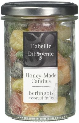 Abeille Diligente - Berlingot French Honey Candies, Assorted Fruit Flavors (Raspberry, Mint, Orange, Blackcurrant, Pear), 170g Jar