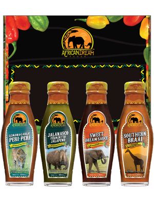 Mildest Variety Sauce Gift Pack by African Dream Foods Lemon &amp; Garlic Peri-Peri, Jalanasco, Sweet Dream, Southern Braai BBQ Sauce Vegan, Non-GMO Mild Hot Sauces 5 fl oz, 4 Bottles