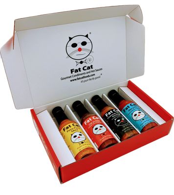 Funny Cat Name Natural Hot Sauce Gift Box and Bundle by Fat Cat Gourmet Medium to Extra Hot Sampler &amp; Gift Set Peri-Peri Ghost Scorpion Carolina Reaper Funny Gift for Men, Women, Pet Lovers (4 Pack)