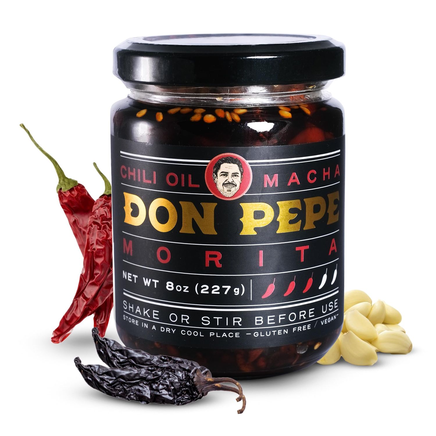 DON PEPE - Salsa Macha/Chili Oil with Dried Morita Chiles, Garlic &amp; More, Gluten-Free Vegan Gourmet Condiment with Authentic Mexican Flavors, Pairs Well with Various Cuisines, 8 oz/227 g