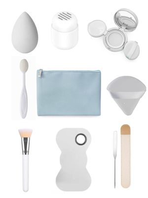 Foundation Makeup Tools: Travel bag with Air Cushion foundation case, Makeup sponge, Makeup brushes, Kabuki Brush, foundation brush, beauty blender, triangle powder puff, Korean Makeup Spatula, &amp; More