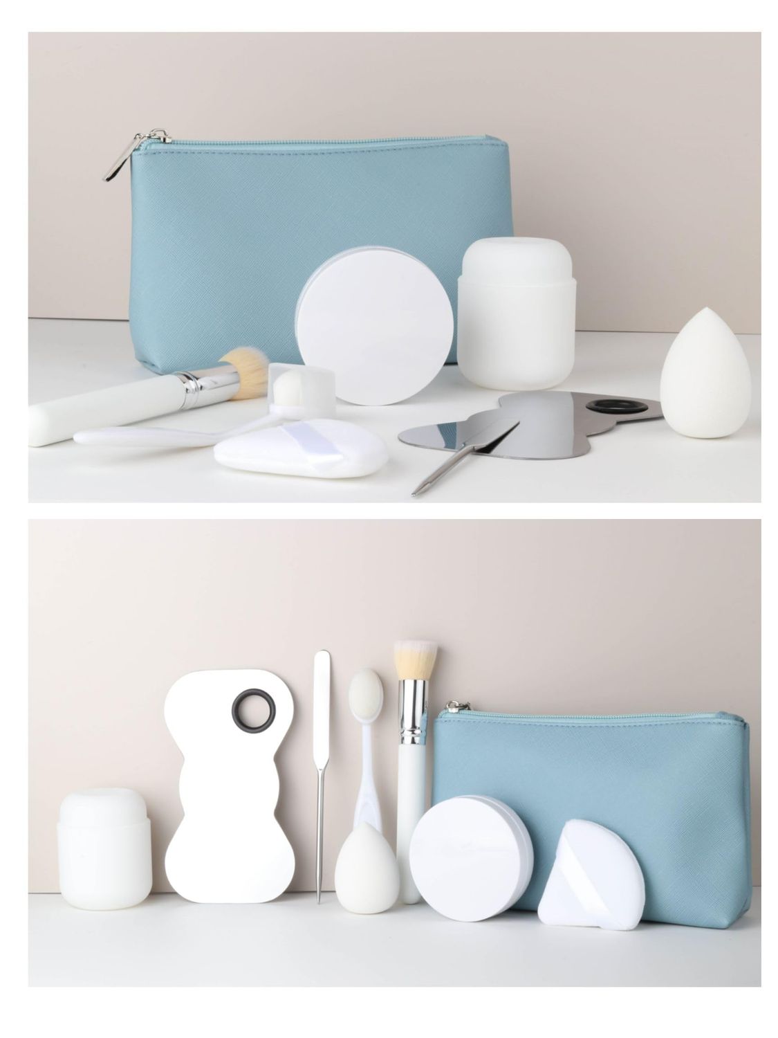 Foundation Makeup Tools: Travel bag with Air Cushion foundation case, Makeup sponge, Makeup brushes, Kabuki Brush, foundation brush, beauty blender, triangle powder puff, Korean Makeup Spatula, &amp; More