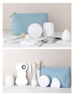 Foundation Makeup Tools: Travel bag with Air Cushion foundation case, Makeup sponge, Makeup brushes, Kabuki Brush, foundation brush, beauty blender, triangle powder puff, Korean Makeup Spatula, &amp; More