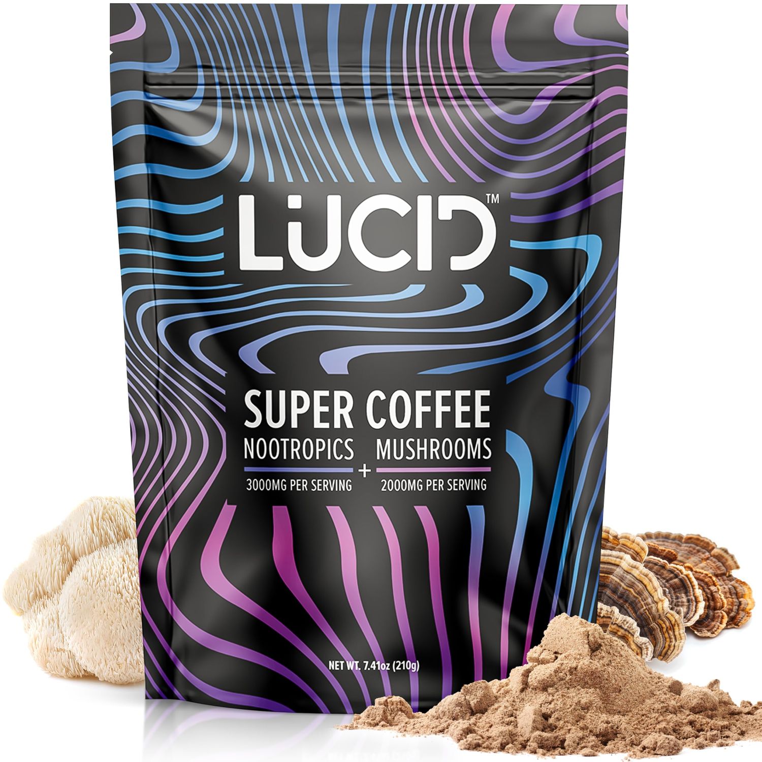 Lucid Superfood Organic Mushroom Coffee with Nootropics - Lion&#39;s Mane, Tremella, Cordyceps &amp; Turkey Tail - Instant Mushroom Coffee Focus Brain Health - Alpha GPC, L-Theanine, Ginko Biloba - USA Made