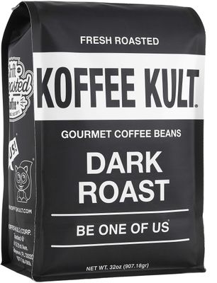 Koffee Kult Dark Roast Whole Bean Coffee, Small Batch 100% Arabica Gourmet Blend, Smooth and Well Balanced, Artisan Roasted in 32oz, Resealable Package