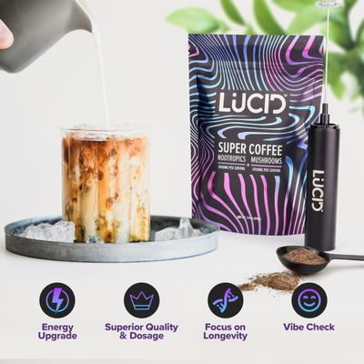 Lucid Superfood Organic Mushroom Coffee with Nootropics - Lion's Mane, Tremella, Cordyceps &amp; Turkey Tail - Instant Mushroom Coffee Focus Brain Health - Alpha GPC, L-Theanine, Ginko Biloba - USA Made