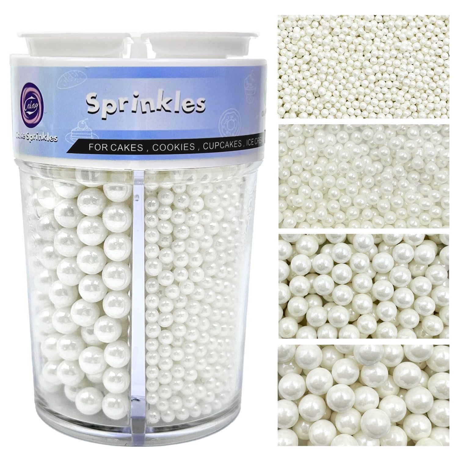 Sprinkles for Cake Decorating, White Pearl Sprinkles 4 Sizes Mix for Cake Cupcake Cookie Baking Donuts Ice Cream Toppings
