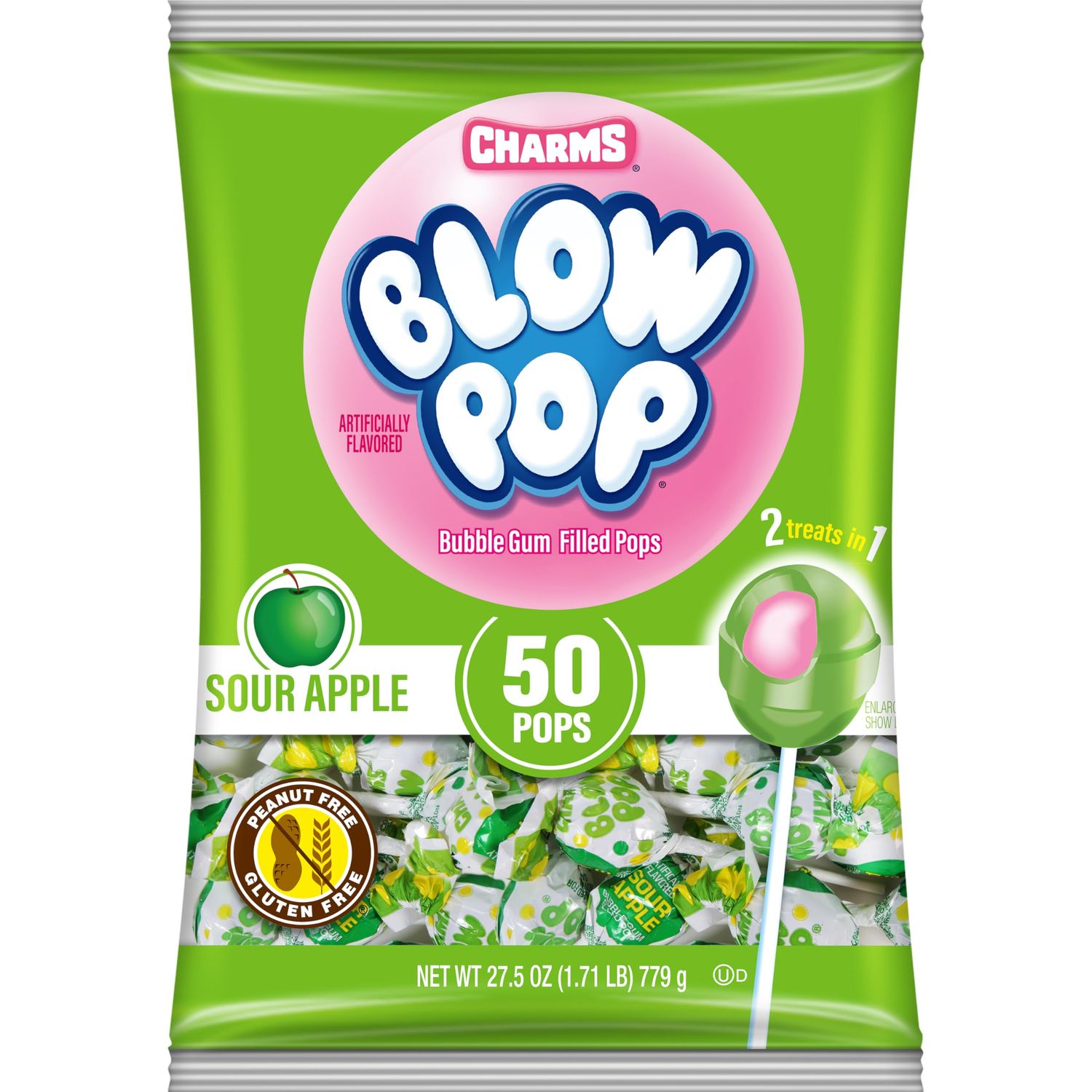 Charms Blow Pop Single Flavor Bag - Sour Apple Flavored Lollipops with a Bubble Gum Center - Individually Wrapped Hard Candy - Green Candy - Peanut Free, Gluten Free, 50 Count (Pack of 1)