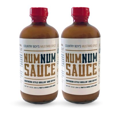 Num Num Sauce Kit - Mustard Spice and Hot Sauce Bundle - Pack of 2 (10oz Bottles) - Southern Style Grill and Dipping - Low Sodium, Fat-Free, No Preservatives and Gluten-Free Dipping Mustard Set