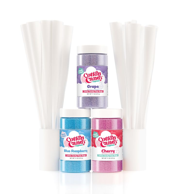 Cotton Candy Express Floss Sugar Variety Pack with 3 - 11oz Plastic Jars of Cherry, Blue Raspberry &amp; Grape Flossing Sugars Plus 50 Paper Cotton Candy Cones