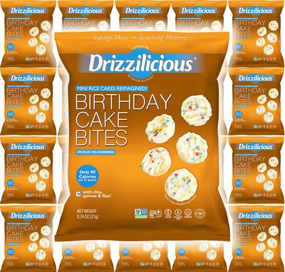 Drizzilicious Mini Rice Cakes Birthday Cake - Rice Crisps, Healthy Snack for Adults and Kids, Flavored Rice Cakes, Vegan, Gluten Free, Allergen Free, Only 90 Calories Per Bag - 0.74 oz (Pack of 20)