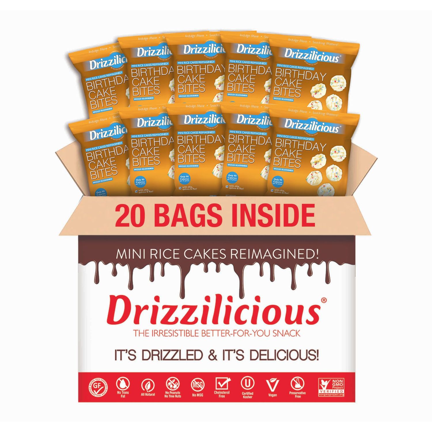 Drizzilicious Mini Rice Cakes Birthday Cake - Rice Crisps, Healthy Snack for Adults and Kids, Flavored Rice Cakes, Vegan, Gluten Free, Allergen Free, Only 90 Calories Per Bag - 0.74 oz (Pack of 20)