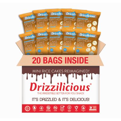 Drizzilicious Mini Rice Cakes Birthday Cake - Rice Crisps, Healthy Snack for Adults and Kids, Flavored Rice Cakes, Vegan, Gluten Free, Allergen Free, Only 90 Calories Per Bag - 0.74 oz (Pack of 20)
