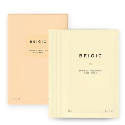 BEIGIC Luminous Hydrating Sheet Mask - Vegan Moisturizing Firming Face Mask Pack with Peptides, Vitamin C &amp; Niacinamide for Dewy Glass Skin (4ea, 0.84 fl oz)