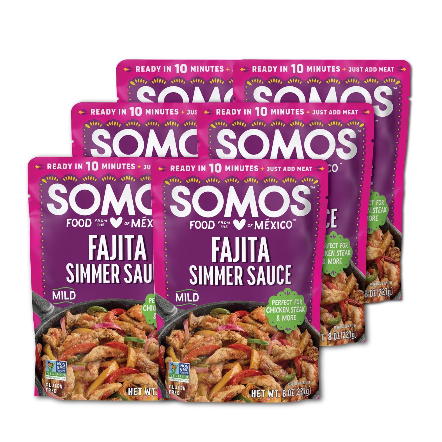 SOMOS Fajita Simmer Sauce - Taco Sauce with Tomatoes, Mild Red Chiles, &amp; Mix of Spices - Gluten Free - Plant Based - Non-GMO - All Natural - Perfect for Steak, Chicken, &amp; More - 8oz (6 Pack)