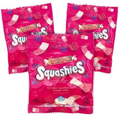 Smarties Squashies Candies - Raspberry and Cream Flavored Marshmallow Soft Foam Gummies - Pack of 3