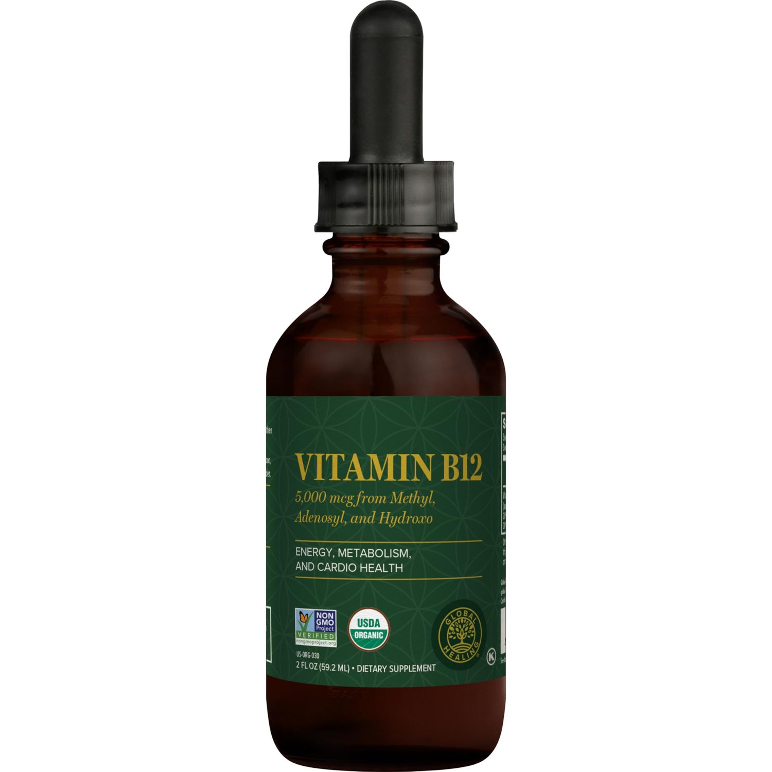 Global Healing - Organic Vitamin B12 5000 MCG Sublingual Liquid - Methylcobalamin, Hydroxo Blend &amp; More - Methylated Drops for Adults - Vegan, Non-GMO, VIT B12, Vitamins Supplement (2 Oz)