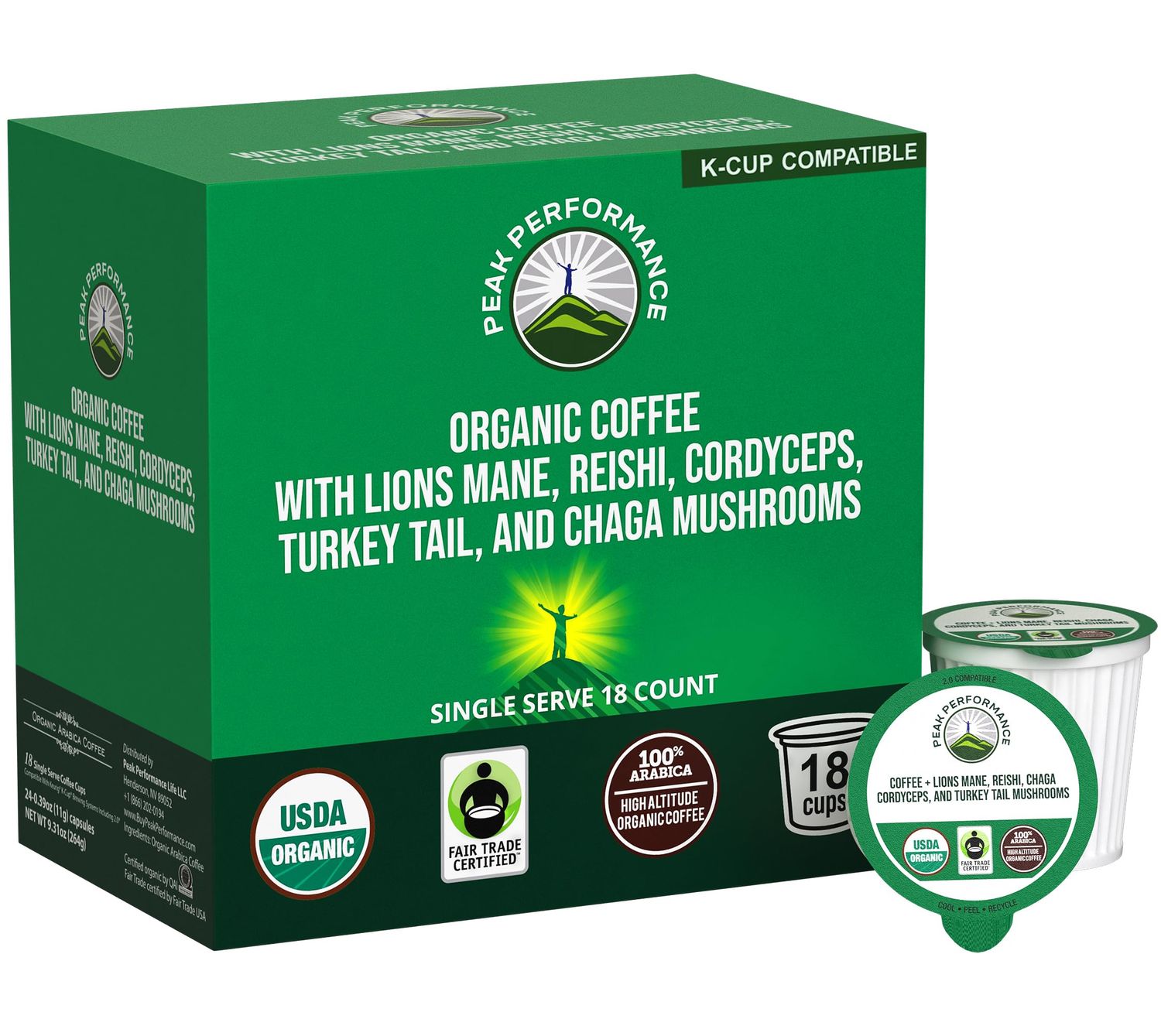 Organic Mushroom Coffee Pods with Lion&#39;s Mane, Reishi, Cordyceps, Turkey Tail, and Chaga Mushrooms. High Altitude, Low Acid, Smooth Tasting, Fair Trade, Instant Nootropic Coffee (Medium Roast Ground)