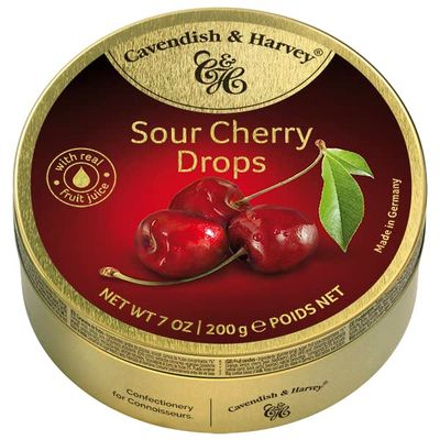 Cavendish &amp; Harvey Sour Cherry Hard Candy Drops 7 Ounce Tin