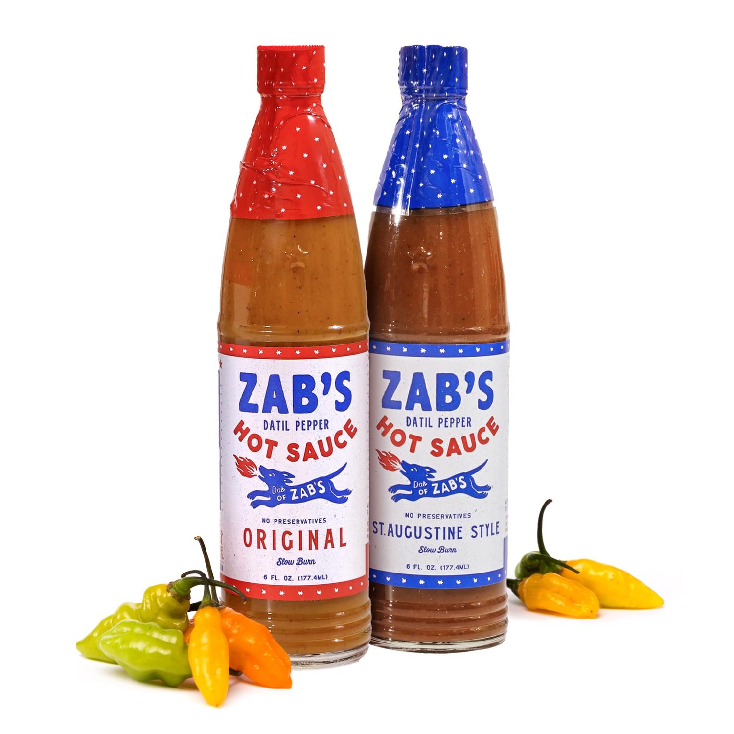 Zab&#39;s Hot Sauce Variety Pack, Original and St. Augustine Style (6oz Each, 2 Pack), Naturally Sweet Heat &amp; Signature Slow Burn from Datil Peppers, Gluten-Free, Perfect for Pizza, Wings, BBQ, &amp; More