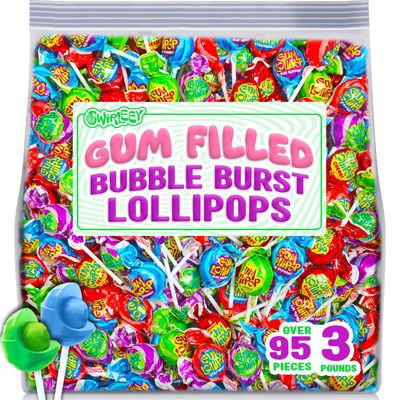 Gum Lollipops - 3 Pounds - Assorted Fruit-Flavored - Lollipops with Chewy Bubble Gum Center - Individually Wrapped Candy - Blue Raspberry, Grape, Green Apple, Cherry, and Strawberry