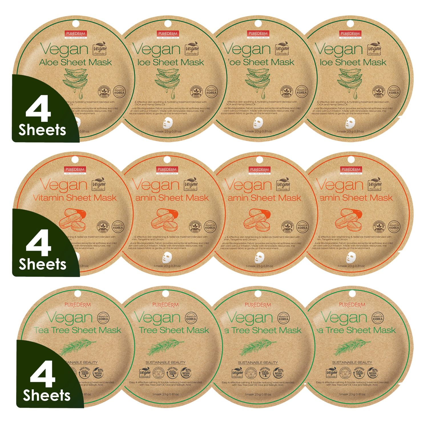 Purederm Vegan Facial Sheet Masks Trio (12 Packs) - Face Masks Skincare for Dry, Dehydrated and Dull Skin