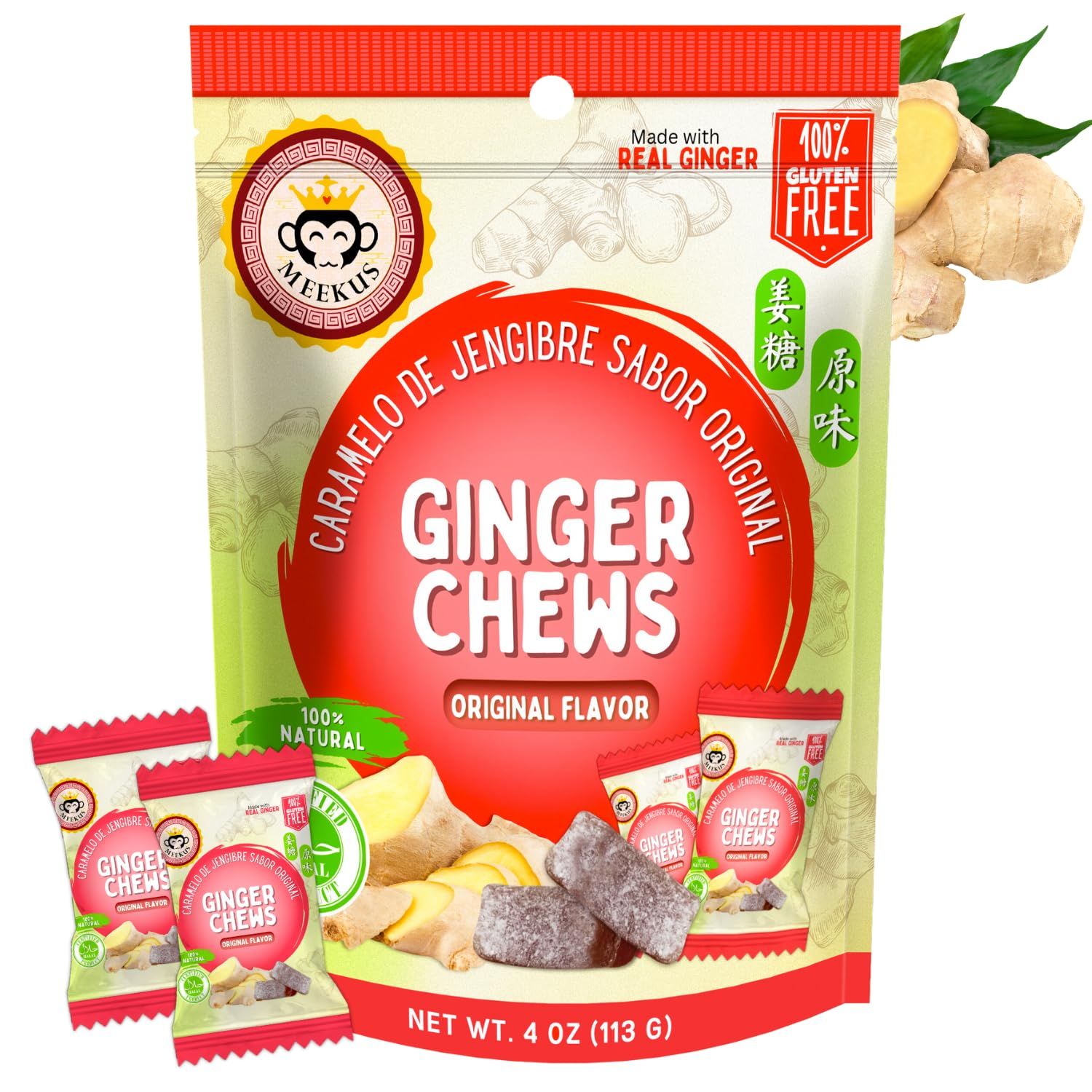 Meekus Ginger Chews - Natural Ginger Candy Chews for a Delightful Taste Sensation, Real Natural Ginger, No Artificial Flavors - Invigorating Snack for All Ages, Original Flavor 4oz Bag (1 Pack)