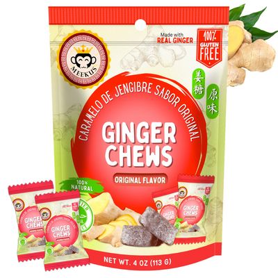 Meekus Ginger Chews - Natural Ginger Candy Chews for a Delightful Taste Sensation, Real Natural Ginger, No Artificial Flavors - Invigorating Snack for All Ages, Original Flavor 4oz Bag (1 Pack)
