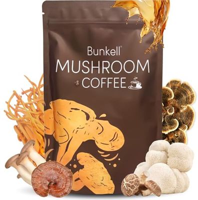 Bunkell Mushroom Coffee, Organic 6 Mushrooms with Lion&#39;s Mane, Reishi, Cordyceps, Shitake, King Trumpet &amp; Turkey Tail, Instant Coffee Powder for Energy, Digestion &amp; Immune Support, 30 Servings 1 Pack
