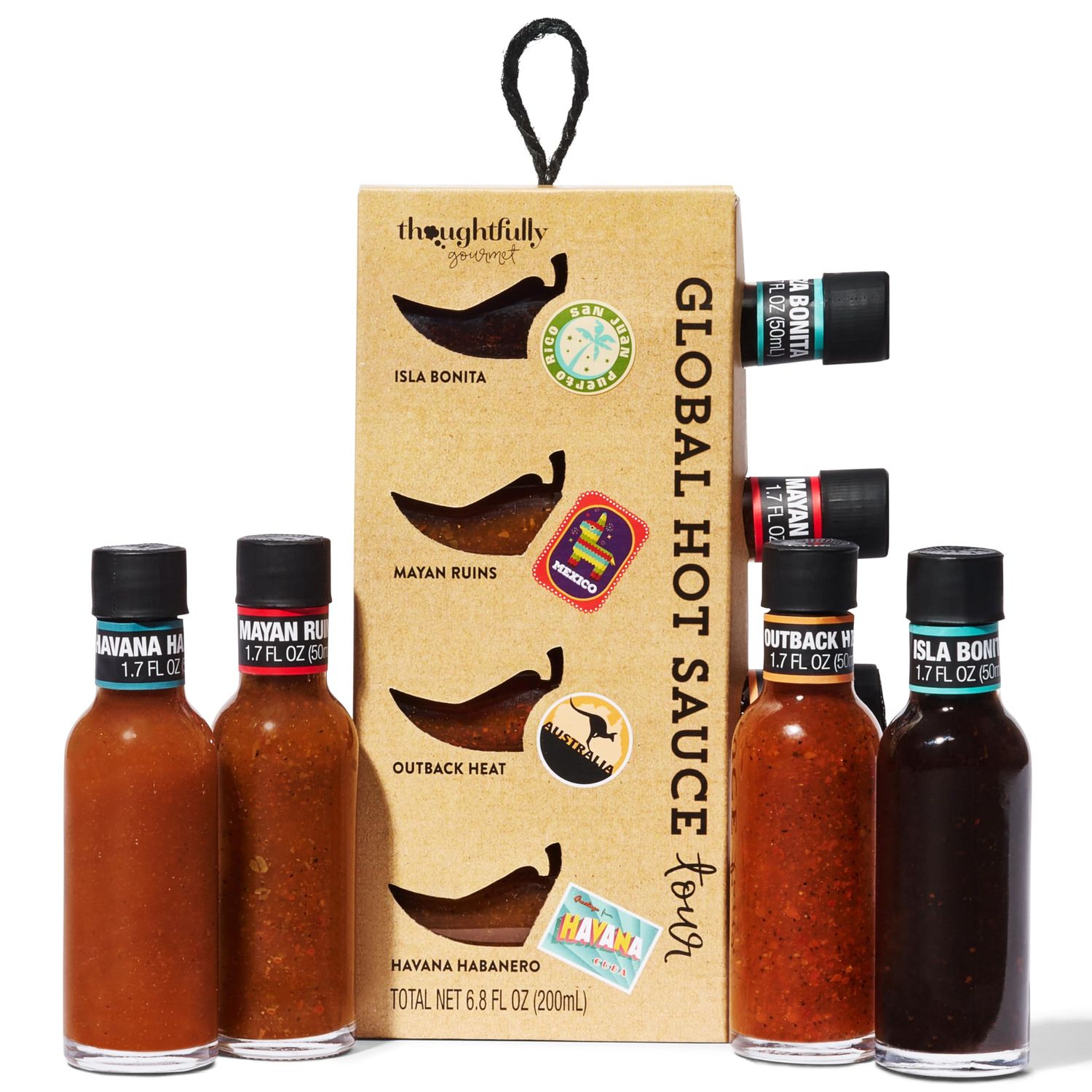 Thoughtfully Gourmet, Global Hot Sauces Tour Gift Set, Includes 4 Unique Hot Sauces: Outback Heat, Havana Habanero, Mayan Ruins, Isla Bonita