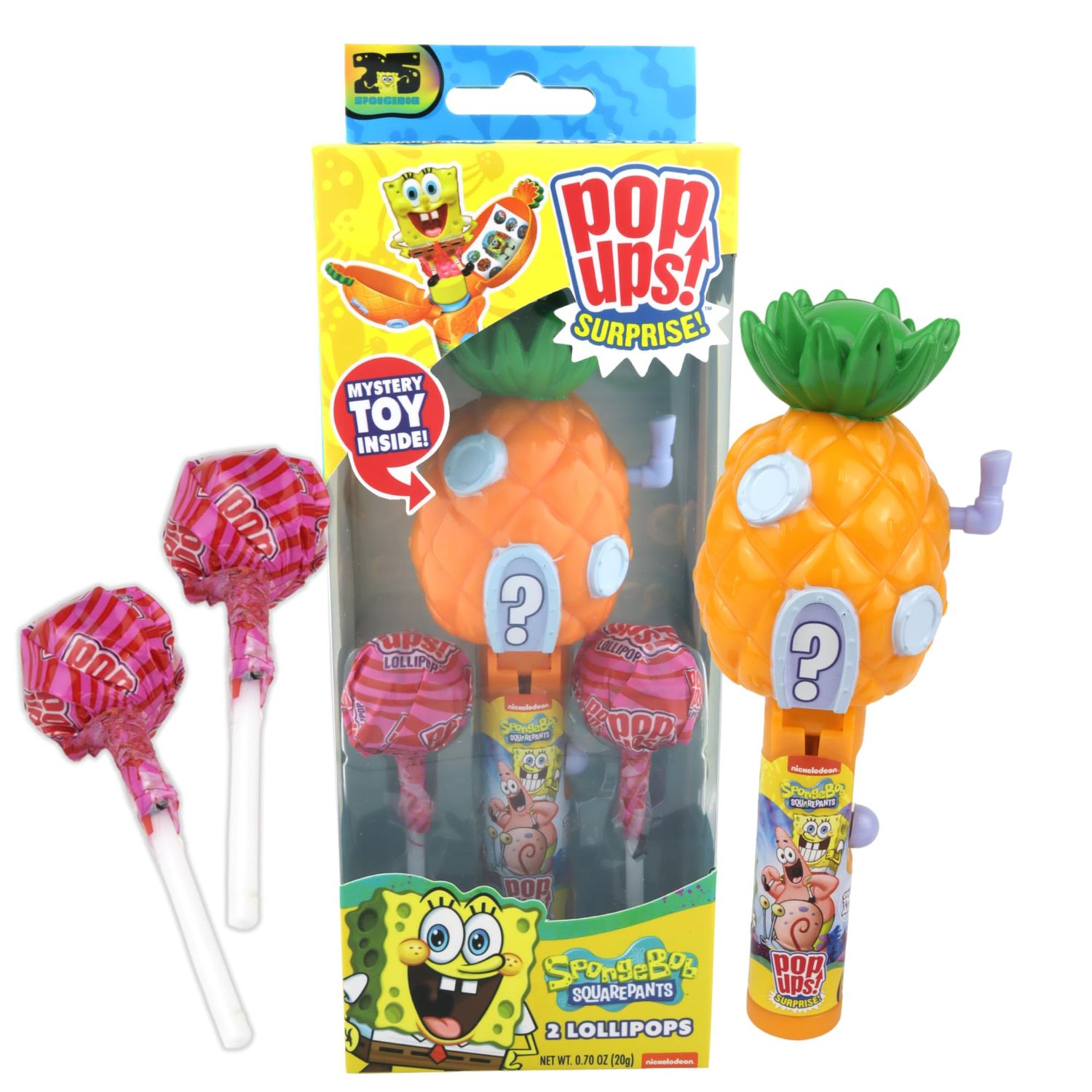 Imaginings 3 Christmas SpongeBob Pop Up Gift Set, Cartoon Themed Lollipop Holder, Includes Two Strawberry Flavored Suckers, 0.70 Ounces